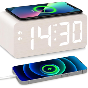 Wooden digital alarm clock,10W fast wireless charger station